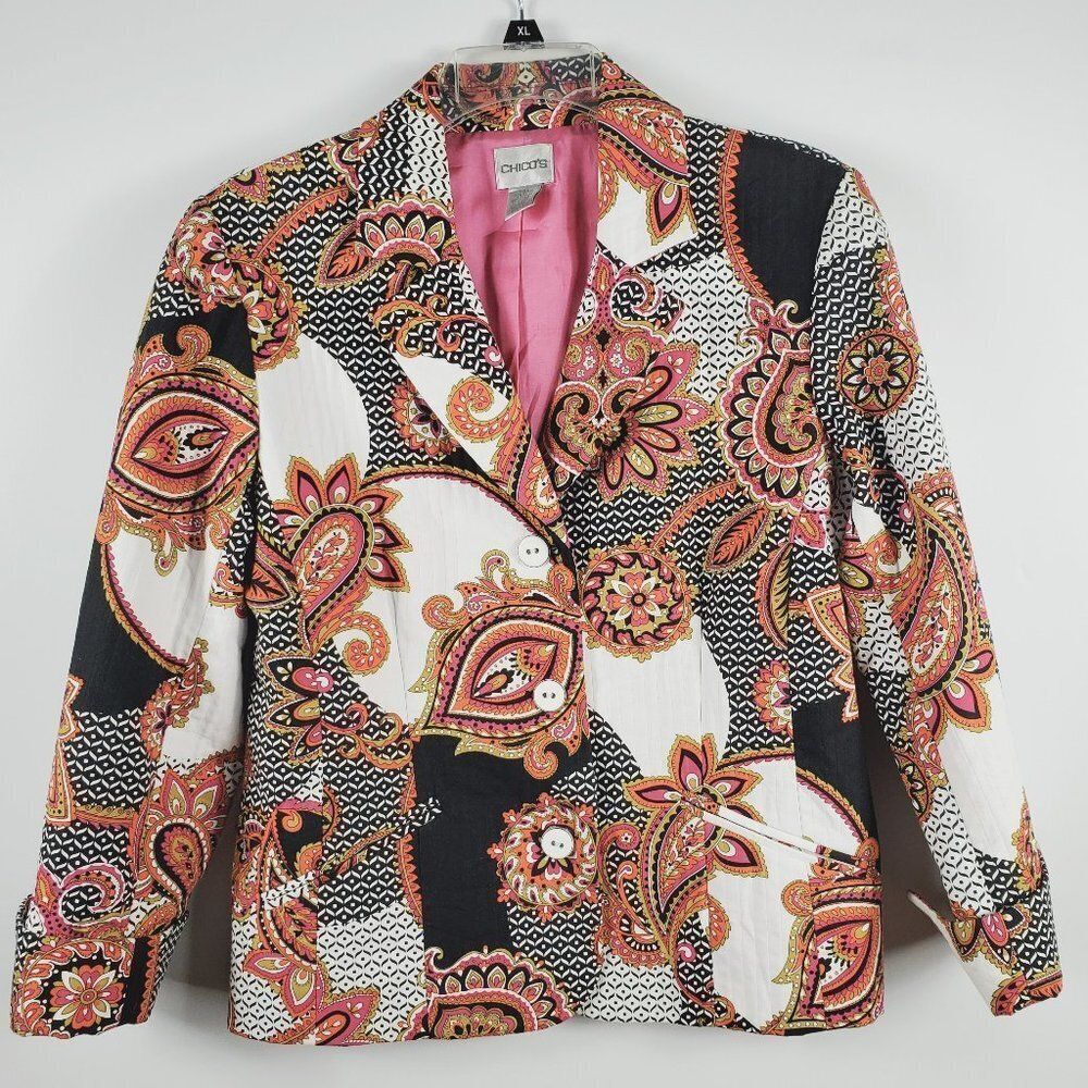 Chico's 100% Cotton, Vibrantly Colorful Quilted Paisley Blazer  Sz 15 (Junior)